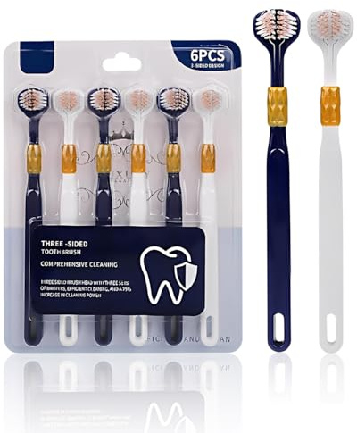 HUVZOR Cepillo Dental 3 Lados, 6 Unidades, Azul y Blanco: Limpieza Integral 360° con Cerdas Suaves, Ideal para Adultos, Niños y Viajes, Elimina Placa Eficientemente