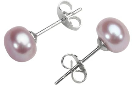 ORECCHINI DONNA A BOTTONE 6-7 MM PERLE ACQUA DOLCE COLORE VIOLA E ARGENTO 925