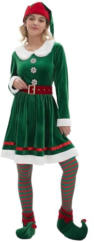 Costume Elfo Donna Set Completo Costume da Elfo Natalizio Vestito Natalizio con Cintura Cappello Calze Scarpe Abito di Flanella Set di Babbo Natale Costumi Carnevale Natale Halloween (Green, 180)