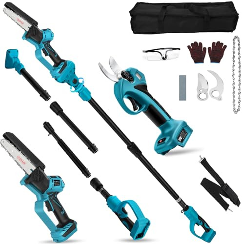 4 en 1 Mini tronçonneuse Perche Élagueuse Télescopique sans fil compatible avec Makita 18 V (sans batteries),Secateur à Batterie avec Perche, petite scie avec chaîne de verrouillage de sécurité