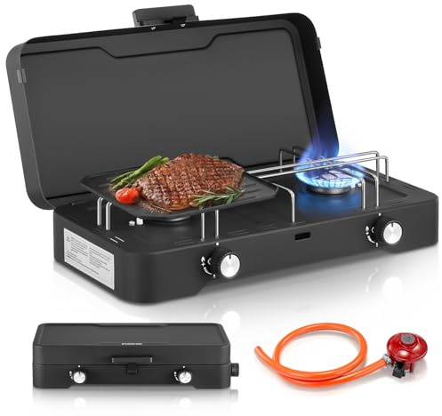 FOHERE 2-Burner Camping Stove, Portable Propane Gas Stove, 6000W Capacity, Tabletop Camping Cooktop with Adjustable Burners, Lid, 20,000 BTUs of Power for Camping, Grilling, BBQ, Outdoor Cooking