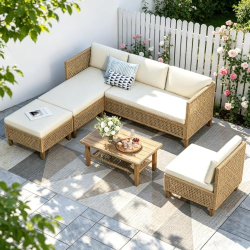 PHI VILLA Rattan Gartenmöbel Set Balkonmöbel 6 Personen, Lounge Möbel Outdoor Gartenlounge Gartensofa mit 1 Chaise Longue, 1 Zweisitzer-Sofa, 1 Ottomane, 1 Einzelsofa und 1 Couchtisch, Beige