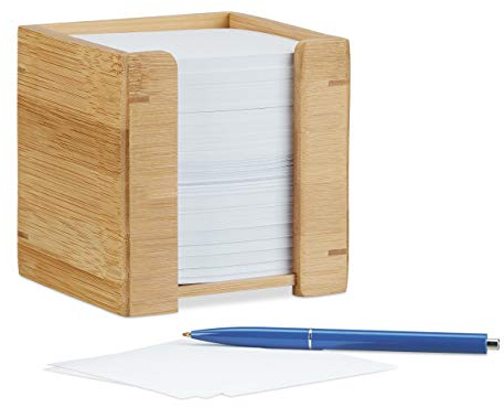 Relaxdays Zettelbox Bambus, Zettelkasten Holz, Notizzettel Halter, 900 Blatt, H x B x T: 10,5 x 10,5 x 10,5 cm, natur