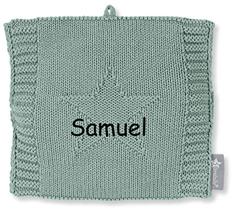Sterntaler Wärmekissen Baby Kinder personalisiert mit Namen, Grünes Strick-Wärmesäckchen, Hafer Getreide Füllung, Mikrowelle, 15x15cm, Für Babys ab dem 1. Monat (Grün)