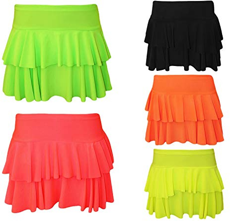 SoWest Women’s Neon Ra Ra Skirt – 80s Fancy Dress Layered Mini Skirt | Adult Funky Festival Frill Skirt | 1980s Retro Clubwear Party Outfit | Short Pleated Skater Style, Black - L-XL