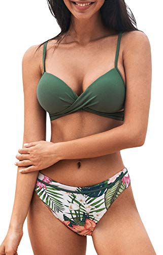 CUPSHE Damen Bikini Set Push Up Crossover Bikini Bademode Blumenmuster Zweiteiliger Badeanzug Swimsuit Salbeigrün L