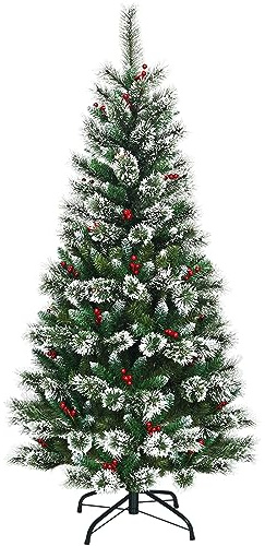 COSTWAY Albero di Natale Innevato 150/180/210/240 cm, Albero di Natale Artificiale con Rami, Bacche Rosse e Base di Metallo, Decorazione Natalizia per Casa, Negozio e Ufficio (180 CM)