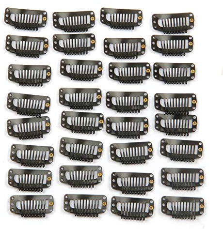 30 Stück Haarverlängerungs-Clips aus Edelstahl für Haarverlängerungen, Perückenkämme, Toupet-Clips, 9 Zähne, 32 mm, 1,2 g/Stück (schwarz)