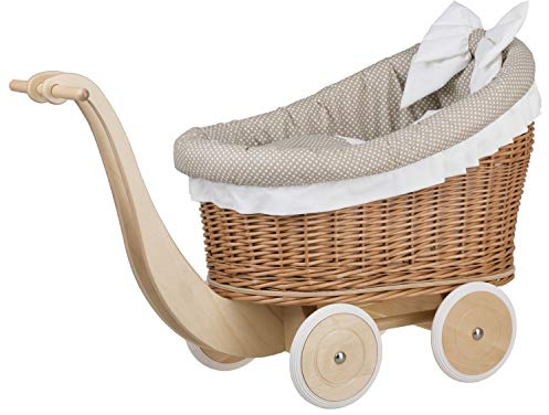 e-wicker24 Alles aus Weide Puppenwagen aus Weide mit Bettwäsche perfekte Geschenkidee Korbpuppenwagen schöner Spielzeug aus Korbgeflecht Korbwagen für Puppen Spielzeug für Mädchen