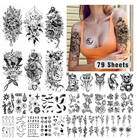 Leesgel 79 Blatt Temporäre Tattoos Frauen, Groß Fake Tattoos Erwachsene Tattoo Aufkleber Tatoos Aufkleben Damen Tattoos zum Aufkleben, Klebetattoos Erwachsene Gesicht Hals Arm Tattoo Festival Zubehör