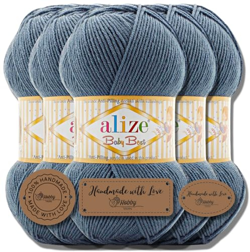 Hobby YARN 3x Etikettenlabel mit Alize Baby Best Wolle Premium 5x100g als Set | Antipilling Babywolle Acryl Uni & Batik Strickgarn zum Häkeln und Stricken (Light Indigo | 418)