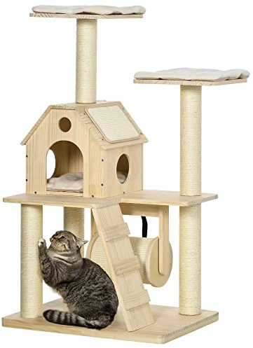 PawHut Árbol Rascador para Gatos de Madera Altura 125 cm Torre para Gatos con Camas Cojín Lavable Cueva Rodillo Postes de Sisal y Rampa 70x50x125 cm Natural