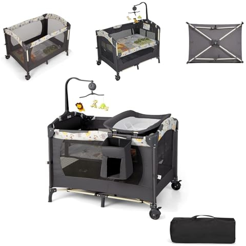 COSTWAY 4 in 1 klappbares Reisebett & Beistellbett & Wickeltisch & Laufstall, 2 Ebenen Babybett höhenverstellbar mit Tragetasche, Matratze & Spieluhr, Mobile Stubenwagen, 15 kg belastbar (Dunkelgrau)