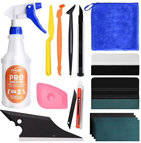 EHDIS Kit Vinile Applicazione Adesivi Auto con Mister Bottiglia Spray da 500 ml, Kit Wrapping per Pellicola per Installazione Pellicole Auto Cellulare DIY, Film per mobili, con Taglierino, Spatole