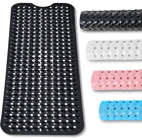 BASVII Badewannenmatte rutschfest 100 x 40 cm, Antirutschmatte Badewanne mit 300 Saugnäpfen aus PVC und Gummimaterial, 100% BPA-frei, Maschinenwaschbar, für Badewanne, Badezimmerboden (Schwarz)