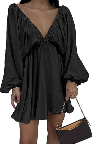 LOFAAC Mini robe sexy à volants et col en V profond et manches longues bouffantes dos nu pour femme, noir, Taille L