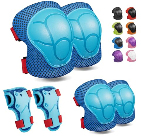 CKE Rodilleras para niños - Protectores para niños y niñas de 3 a 8 años - Equipo de protección para patinaje, ciclismo, ciclismo - Azul/rojo