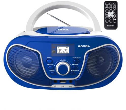 Roxel RCD-S70BT Portable Boombox CD Player with Remote Control, FM Radio, USB MP3 Playback, 3.5mm AUX Input, Headphone Jack, LED Display Wireless Music Streaming (Blue)