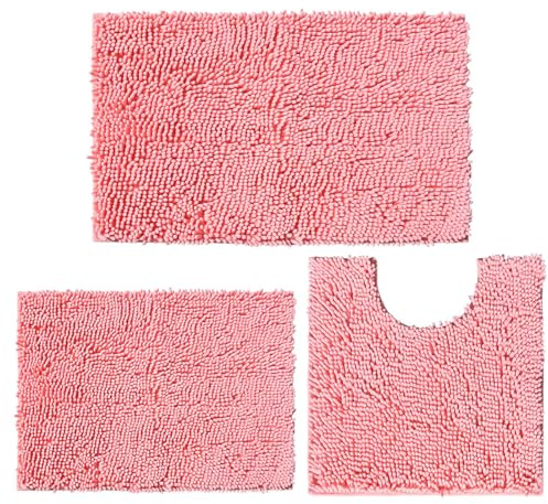 DTXDTech Badezimmerteppich rutschfeste 3 Stück, Chenille 20 * 32inch, 16 * 24inch Badteppich und 20 * 20inch U Form Toilette Teppich, weiche und saugfähige Badematte Set für Bad, Schlafzimmer(Rosa)