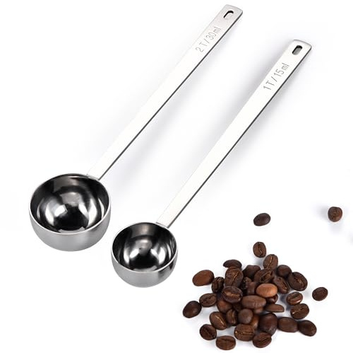 U-Taste Kaffeskopor Set med 2: 18/8 mätkaffeskedar i rostfritt stål med 17,4cm extra långt handtag för malet kaffe, bönor, pulver, espresso, perfekt för hög burk, burk (15&30ml, silver)