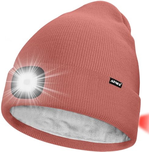 ATNKE Unisex 8 LED Mütze mit Licht,Wiederaufladbare USB Rot Blinkendes Alarm Rücklicht Laufmütze Lampe Winter Warme Gefüttertes Fleece Stricken Mütze für Herren und Damen Geschenke/Bean Paste Powder
