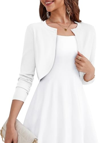 OmicGot Women's Classic Bolero Shrug White Cropped Cardigan Long Sleeve Open Front Short Cardigans M