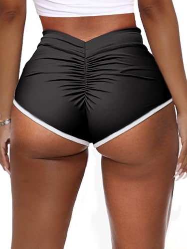 HAWILAND Hotpants dam – gymshorts V-rygg booty scrunch butt mikroshorts push up sexiga korta leggings, svart, S