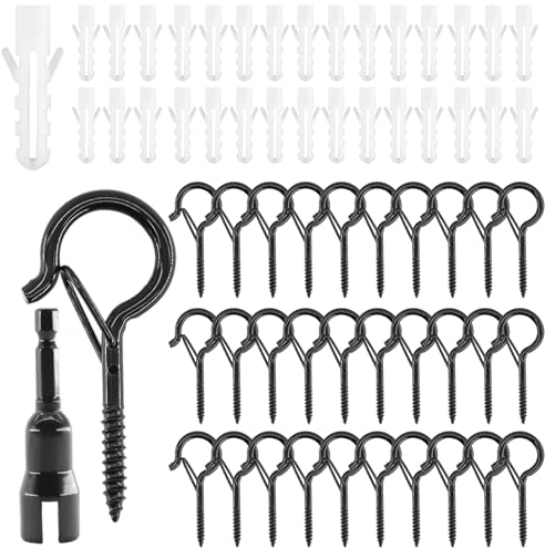 alwaiiz 30 Stück Schraubhaken Schwarz, Hakenschrauben mit Sicherung, Enthalten 30 Stück Spreiznägel + 1 Stück Elektrobohrer-Installateur, Haken zum Schrauben, Geeignet für Topfpflanzen und Lampen