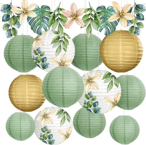YBwanli Lot de 13 lanternes en papier pour décoration de fête de jardin, communion, cérémonie de jeunesse, eucalyptus, baby shower, où la nature rencontre la décoration