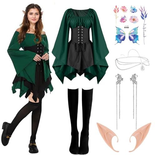 Robe Médiévale Femme, Robe Traditionnelle Irlandaise, Costumes Gothiques pour Femmes avec Oreilles d'elfe accessoires Oreilles Chaussettes, Robe Renaissance Elfe Cosplay pour Halloween Carnaval