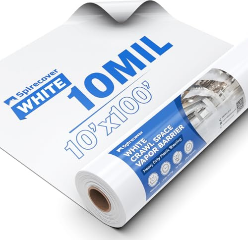 Spirecover White Crawl Space Vapor Barrier, 10 Mil Vapor Barrier, 10' x 100', Heavy Duty Polyethylene Film, Thick Plastic Sheeting, Plastic Drop Cloth Covering for Crawlspace, Basement