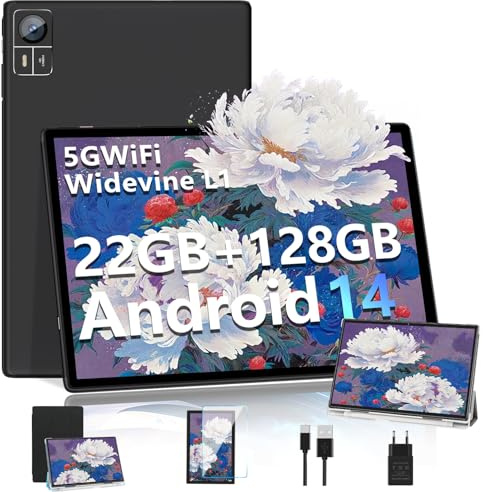 SUAAT Tablette 2025 Nouvelle Android 14 Tablet, 10 Pouces avec 22Go RAM 128Go ROM 5G+2.4G WiFi, Octa-Core, GMS Certified, Widevine L1, Bluetooth, Tablette Tactile avec Etui -Noir