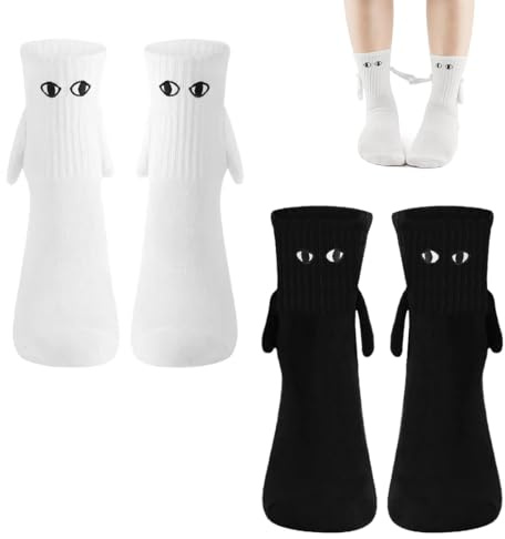 WUMZIRA 2 Paia Calzini Magnetici per Tenere le Mani, Calzini Donna Uomo Divertenti, Regali per il Fidanzata, Fidanzato, le Coppie, i Migliori Amici, Calzini Donna Uomo Cotone (Nero & bianco)