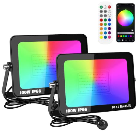 Willpower Faro LED RGB 100W Telecomando e App Faretti LED Esterno Spina | 2PCS Proiettori 10,000lm, Telo Cambio Colore, Dimmerabile, con Memoria Timer, Modalità DIY, Luce per Giardino Palco Partito