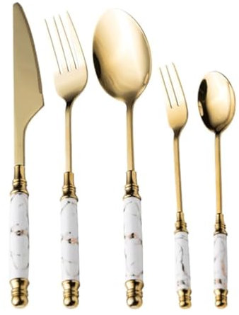 Set di Posate in Ceramica con Manico Coltello forchetta Cucchiaio 3/5 Pezzi forchette da tavola in Acciaio Inox Set di Posate riutilizzabili Set da tavola Nero-5 Pezzi (Nero 5 pezz