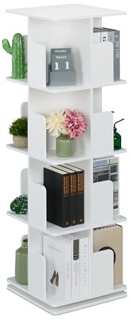 Relaxdays Libreria Girevole, 4 Ripiani, Scaffale Porta Libri, CD, Dvd, Torre Colonna Rotante HLP: 125,5x39x39 cm, Bianco