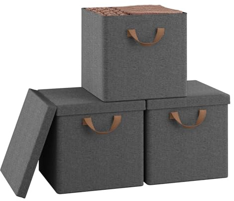WOLTU Faltbare Aufbewahrungsboxen 3 Stück,mit Deckel,Grau, 33x33x32cm | Stoffboxen，Metallrahmen，Aufbewahrungswürfel für Wohnzimmer, Schlafzimmer, Arbeitszimmer, Mehrzweck,