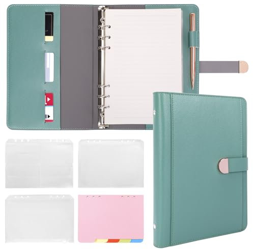 Skycase A5 Leather Binder with Magnet Closure - 6-Ring Refillable Planner for Filofax, Includes Dividers & RFID Protection (Green)
