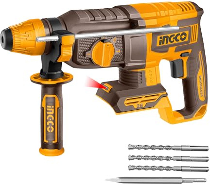 INGCO 20V Brushless Rotary Hammer Drill (Body Only), 2.5J, 0-1100RPM, SDS Plus Chuck System, 26mm in Concrete, 4IN1 Function, with 3Pcs Drill Bits and 1Pcs Chisel CRHLI20268