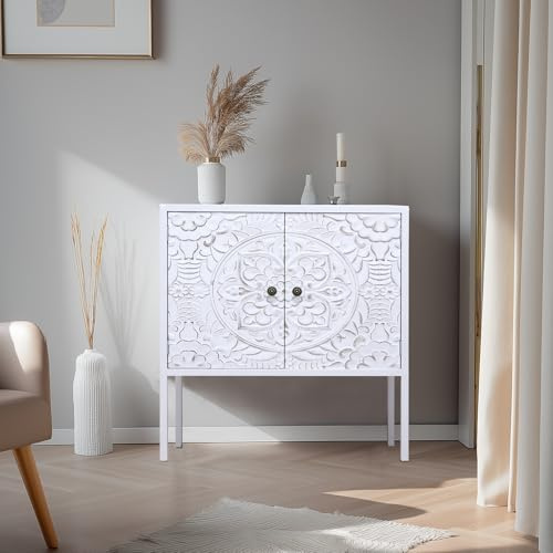 G-LEAF Sideboard Kommode Vintage Boho Stil | Aufbewahrungsschrank mit 2 geschnitzten Türen & verstellbarem Regal| Holzplatte & Metall Beinen | Freistehend Schrank für Wohnzimmer, Flur, Küche, Weiß