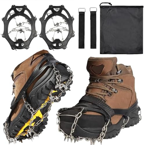 Goodffy Crampons Ice Cleats, Anti Slip 19 Stainless Steel Spikes Ice Snow Grips for Boots Shoes Women Men Traction Cleats Protect Footwear for Hiking Mountaineering Fishing Walking Climbing (Medium)