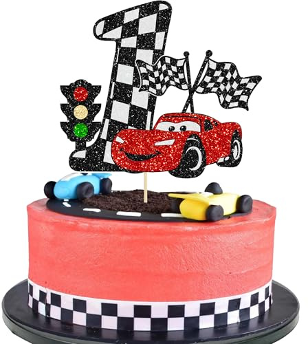 Gyufise 1Pc Car Cake Topper Race Car First Birthday Cake Decorations for Racing Car Checkered Flag Themed Kids Boy Girl Happy Birthday Party Supplies