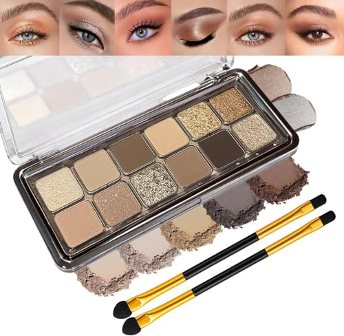 12-Color Matte and Shimmer Neutral Eyeshadow Palette - Warm Beige Taupe Brown Gold Champagne Shades, Compact Case with Dual-Ended Applicators for Natural to Bold Makeup Looks, Highly Pigmented
