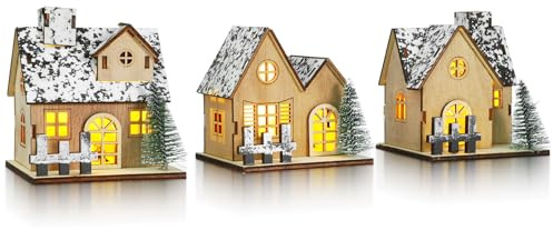 KESYOO 3 pezzi Casette in legno illuminate LED Set luci integrate per decorazioni natalizie scaffali camino e centrotavola