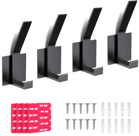 PDGROW 4 Stück Kleiderhaken, Selbstklebende Haken, Bademantel- & Handtuchhaken mit Schrauben & Extra Starker 3-M Klebefläche, Metall Wandhaken für Badezimmer, Schlafzimmer, Wohnzimmer, Flur, Schwarz
