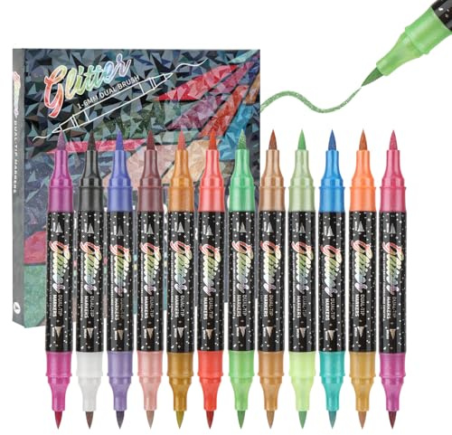 MOTIBACK Glitzer Marker Dual-Tip 24 Farben (12 Stücke) – Brush Tip 1-6mm, Leuchtende Glitzer-Optik & Schnell Trocknend, Für DIY Bastelprojekte & Kreatives Malen, Ideal für Kinder und Erwachsene