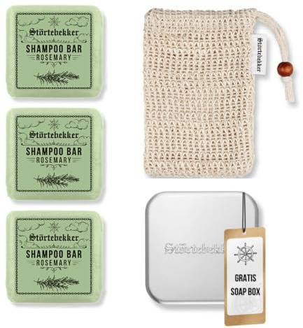 Störtebekker® Premium duschset – fast schampo rosmarin (x3), sisalpåsar + gratis tvålburk aluminium – schampo-barset för hår, hårbotten och skägg – handgjorda i tvåltillverkning