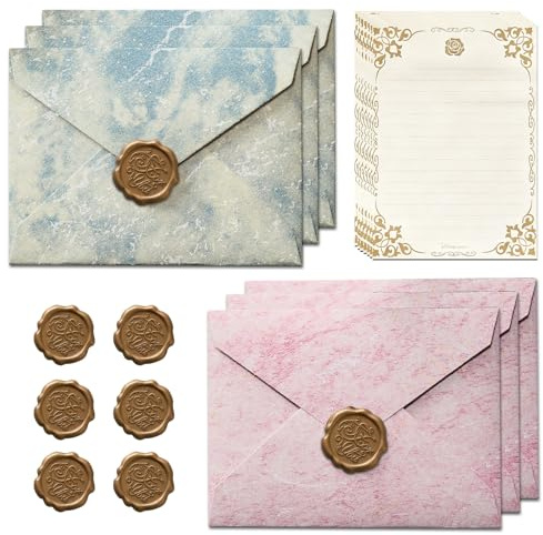 22Pcs Letter Writing Set, Vintage Letter Paper and Envelopes Sets, 10 Writing Paper and 6 Wax Seal Stickers, Writing Paper and Envelopes Sets for Birthday, Love Letter (Dark Blue & Light Pink)