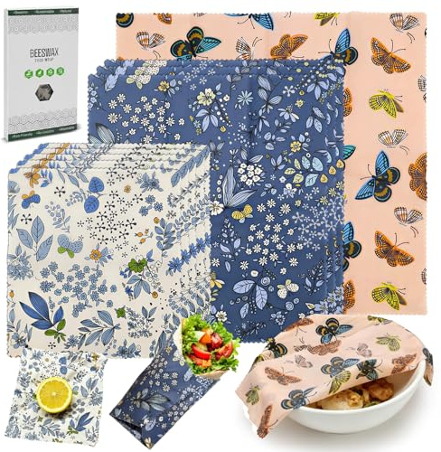 Bienenwachstücher 9 Stück, Wiederverwendbare Bienenwachstuch | Aus Bio-Baumwolle & Naturwachs, ideal für Brot, Käse, Obst, Snacks und Lunchboxen(4 Größen: 5 Klein, 3 Mittel, 1 Groß)