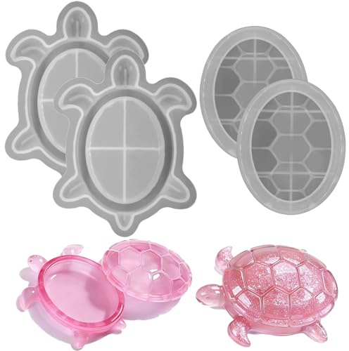 2 moldes de silicona con forma de tortuga y animales marinos, con tapa, reutilizables. Caja de joyería con temática oceánica, ideal para proyectos de manualidades con arcilla y baratijas.